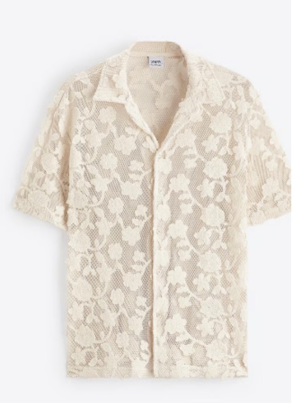 Zara men's ivory floral lace mesh button-down shirt featuring a collar.